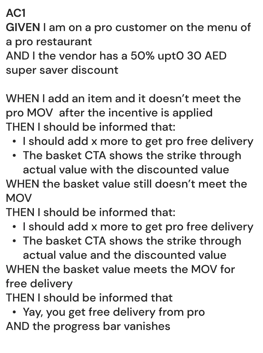 The written acceptance criteria for the component, in given, when and then form, covering the case where the basket does not meet the minimum after a discount is applied, the case where it still does not meet it, and the case where it does.