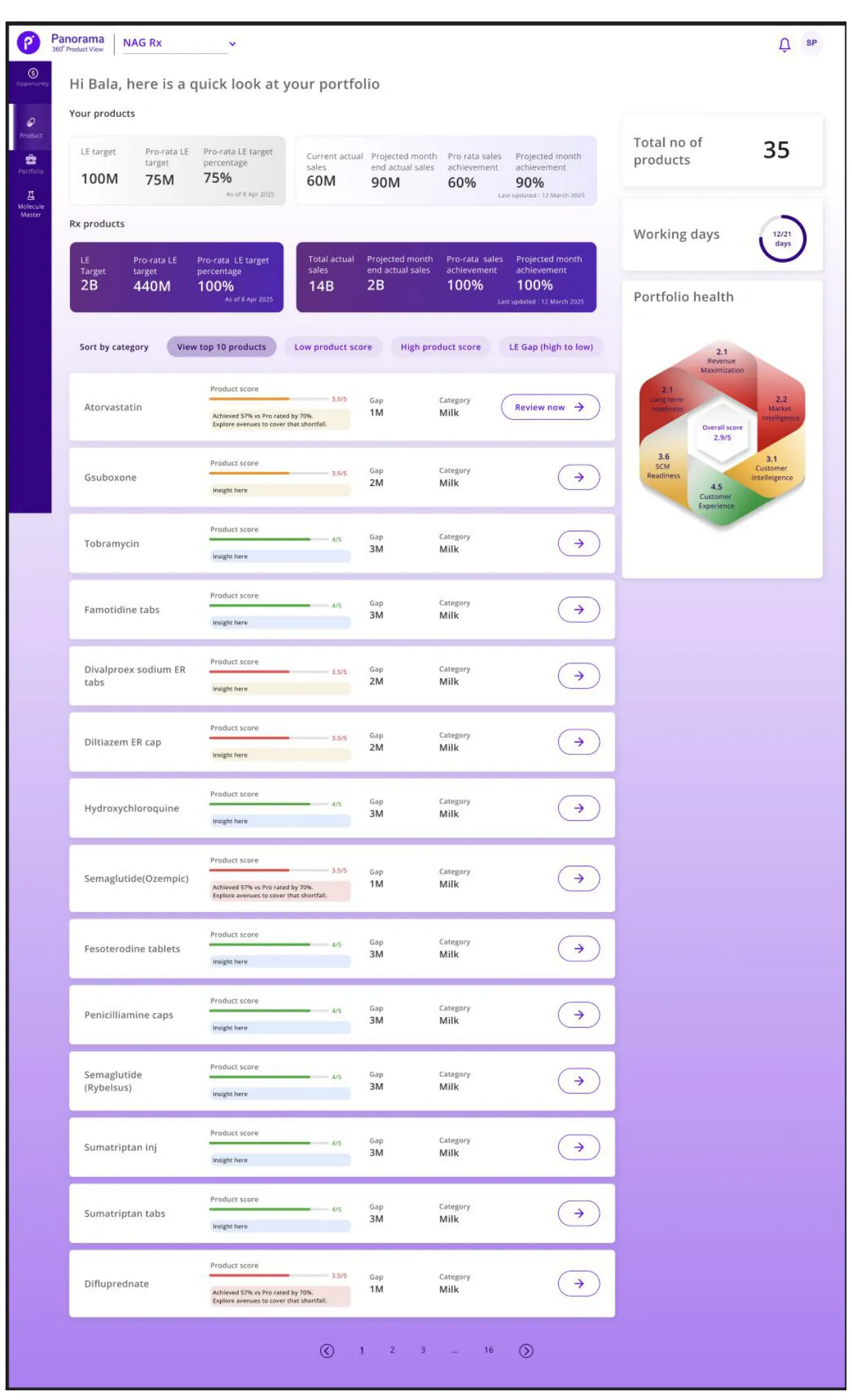 The rebuilt Panorama 360 landing page, opening with a greeting, a row of portfolio totals, and a scannable list of products with status and actions.