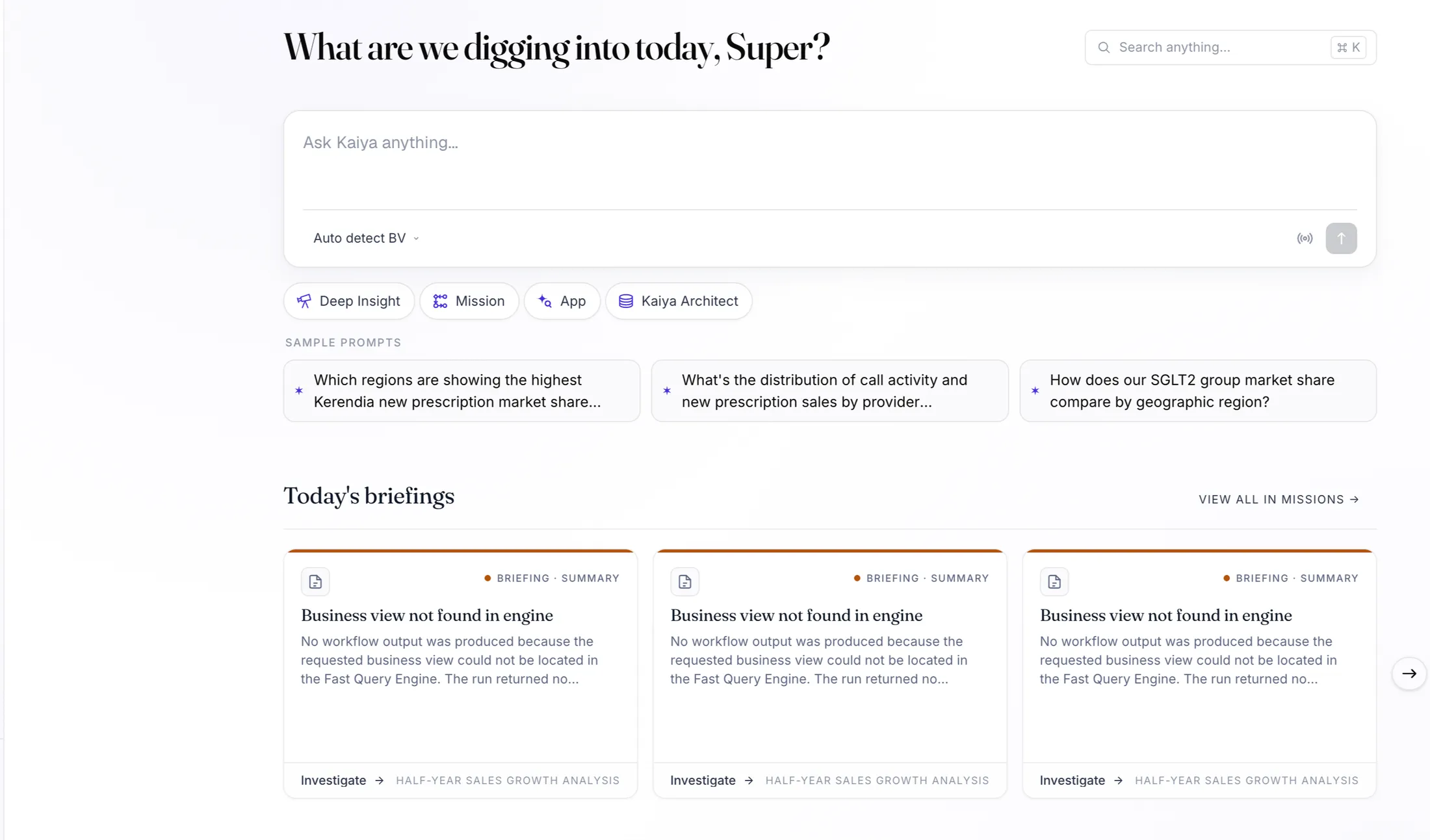 A Kaiya home screen showing a Today's briefings row with three briefing summary cards, each with a coloured top rule, a title, body text, and an Investigate link.
