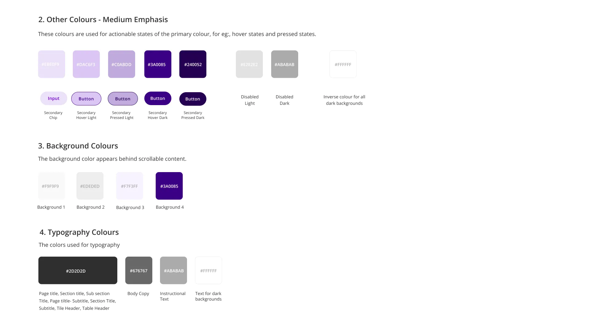 The Proton colour documentation, showing the medium emphasis ramp with its hover and pressed states drawn as real buttons, the four background colours and the four typography colours with the elements each one is for.