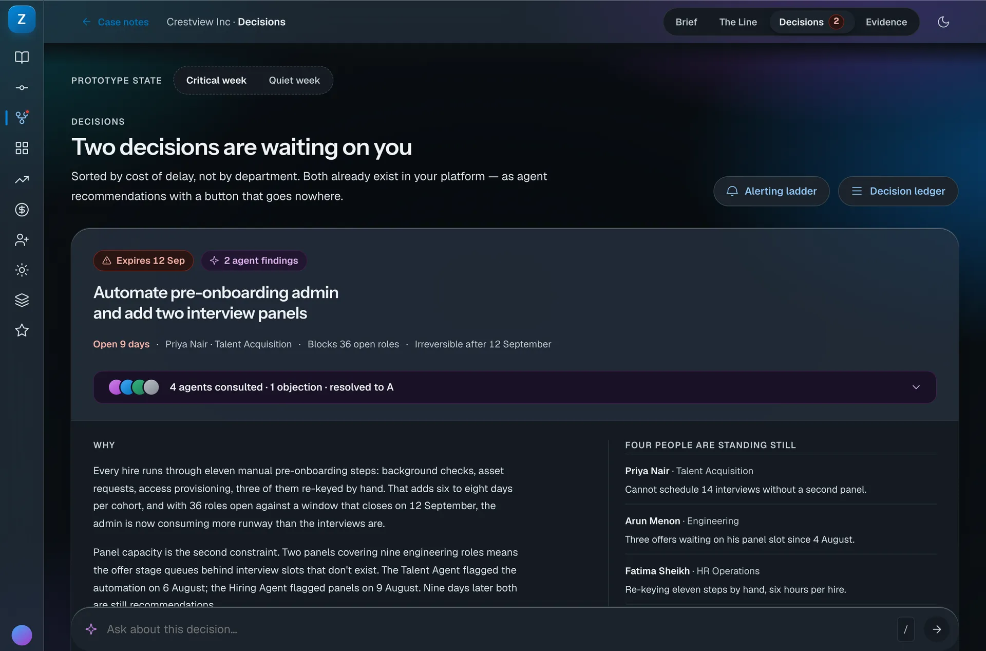 The Decisions surface in dark mode, showing an expiring decision with an agent findings badge, an open-for-nine-days line, an agents-consulted strip and a two-column why and who-is-blocked layout.
