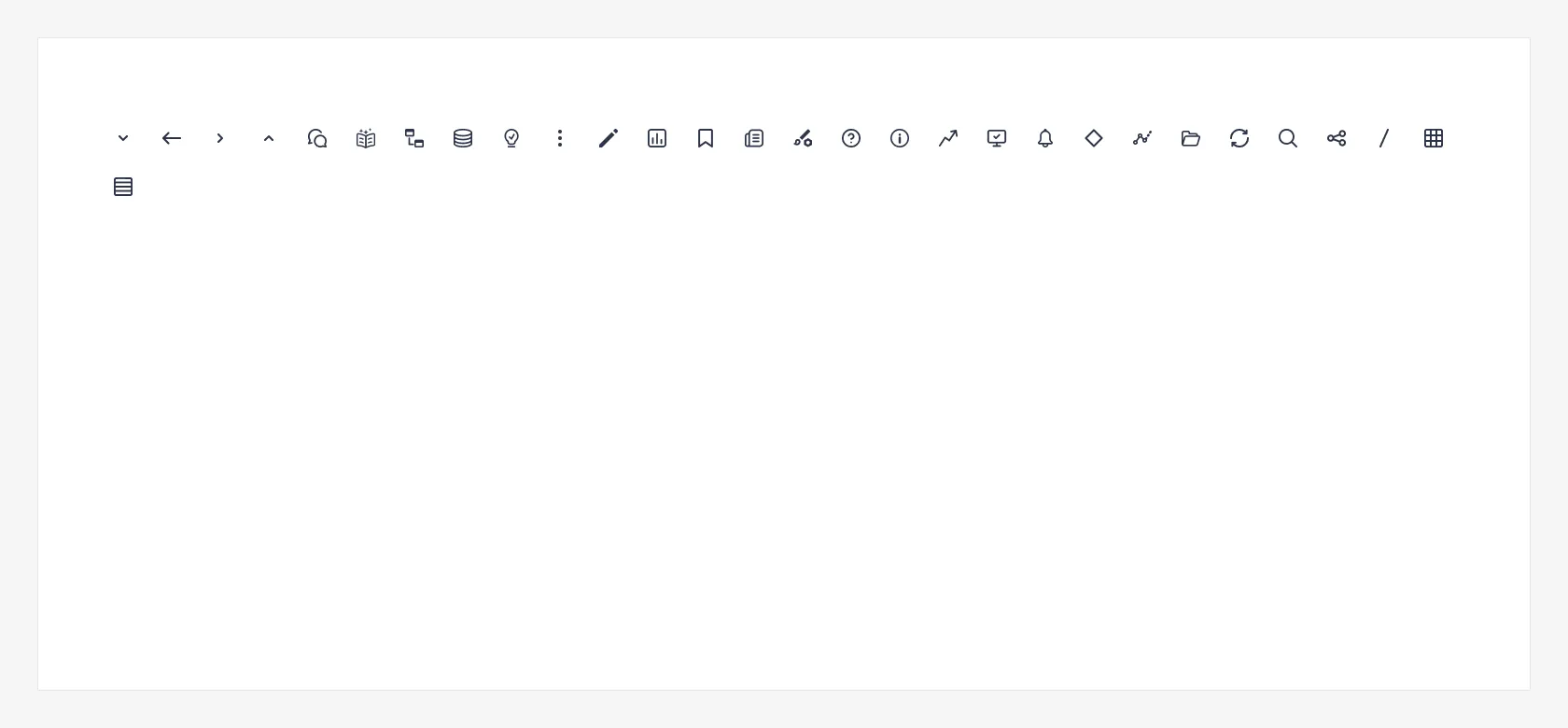 The production icon set: twenty nine glyphs on a shared grid, including arrows, assistant, book, data, discover, edit, explore, favourite, feed, formatting, help, info, insight trend, monitor, notifications, predict, projects, refresh, search, share, slash and the grid and list view toggles.