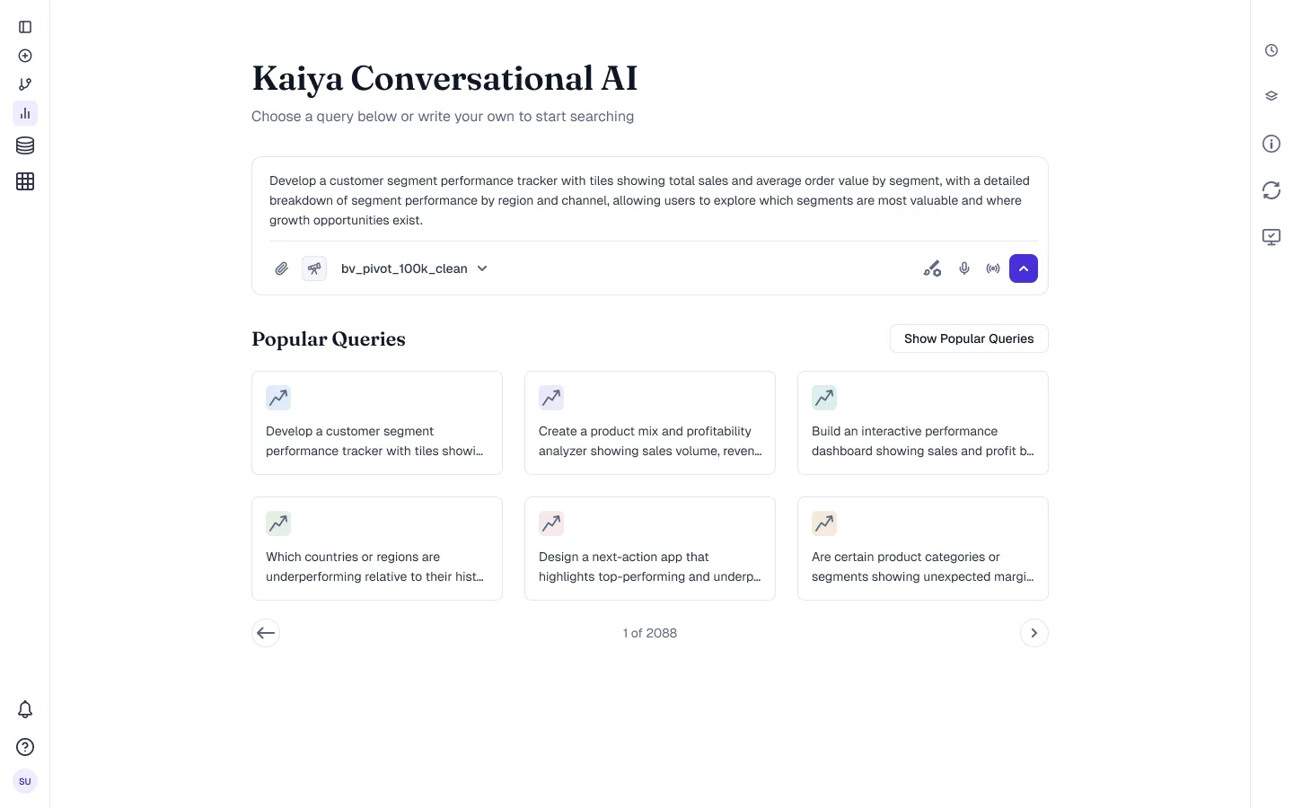 The same Kaiya launcher on Michelangelo: a collapsed icon rail and a utility rail, a filled composer with a violet send control, six prompt cards with tinted trend tiles, and the same pager in the same position.