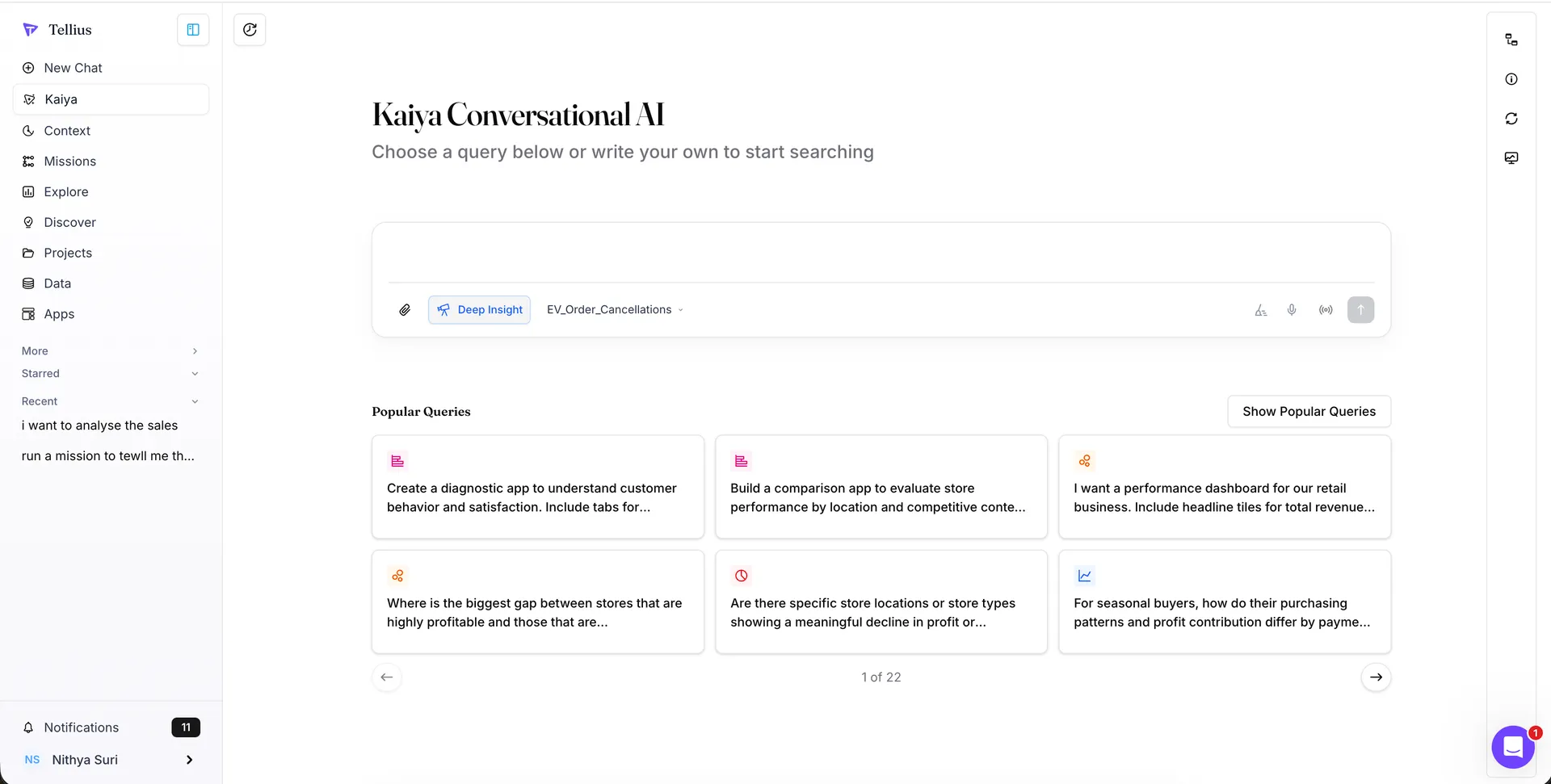 The Kaiya launcher in the shipping product: a full width text sidebar, a blue Deep Insight chip on an empty composer, six prompt cards with pink, orange and blue icon tiles, and a one of twenty two pager.