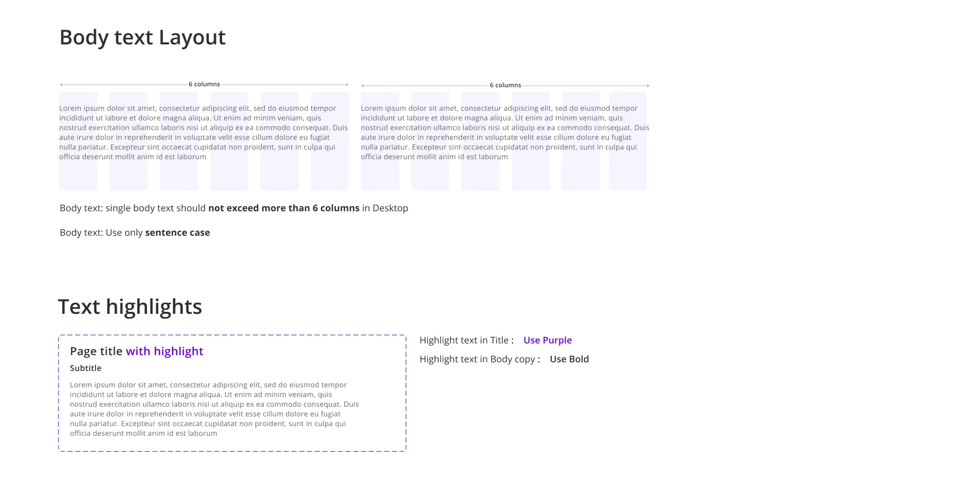 The Proton text rules, showing the six column maximum for body copy drawn against a column grid, the sentence case rule, and the highlight rules for titles and body copy.